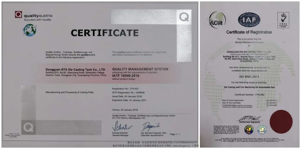 SYX Group certified with TS16949 and ISO9001 quality management systems
